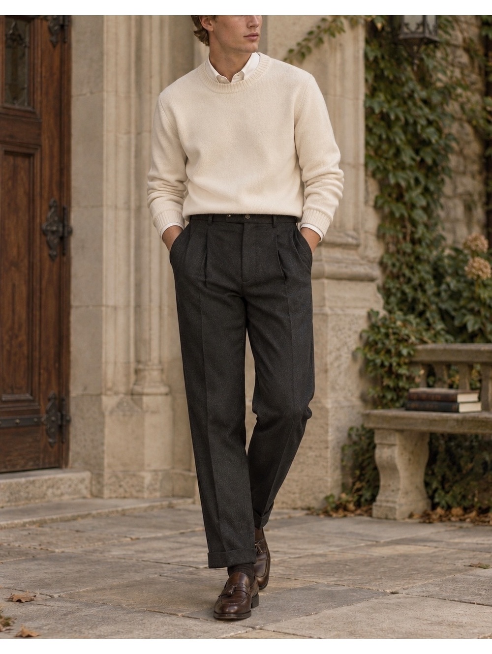 Vintage Tommy Hilfiger 100% Worsted Wool Dark Gray Pleated Cuffed Pants Luxury